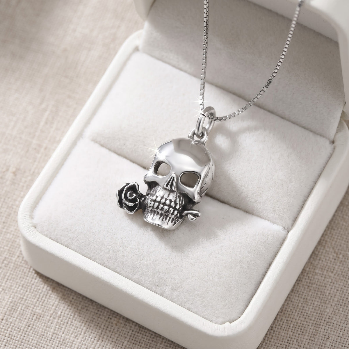 Sterling Silver Rose Skull Necklace, 18 Inch Chain in a white gift box, ready to give