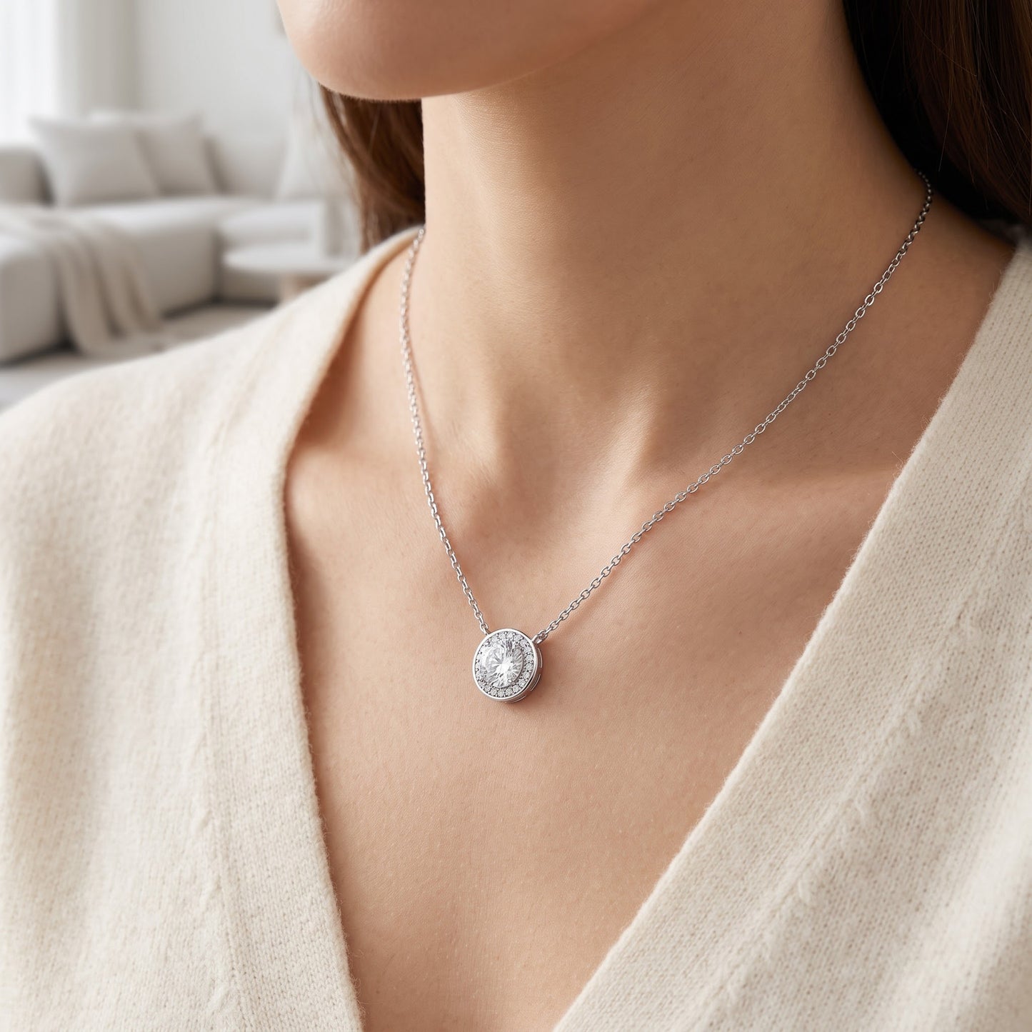 Sterling Silver Round CZ Solitaire Necklace worn, lifestyle photo