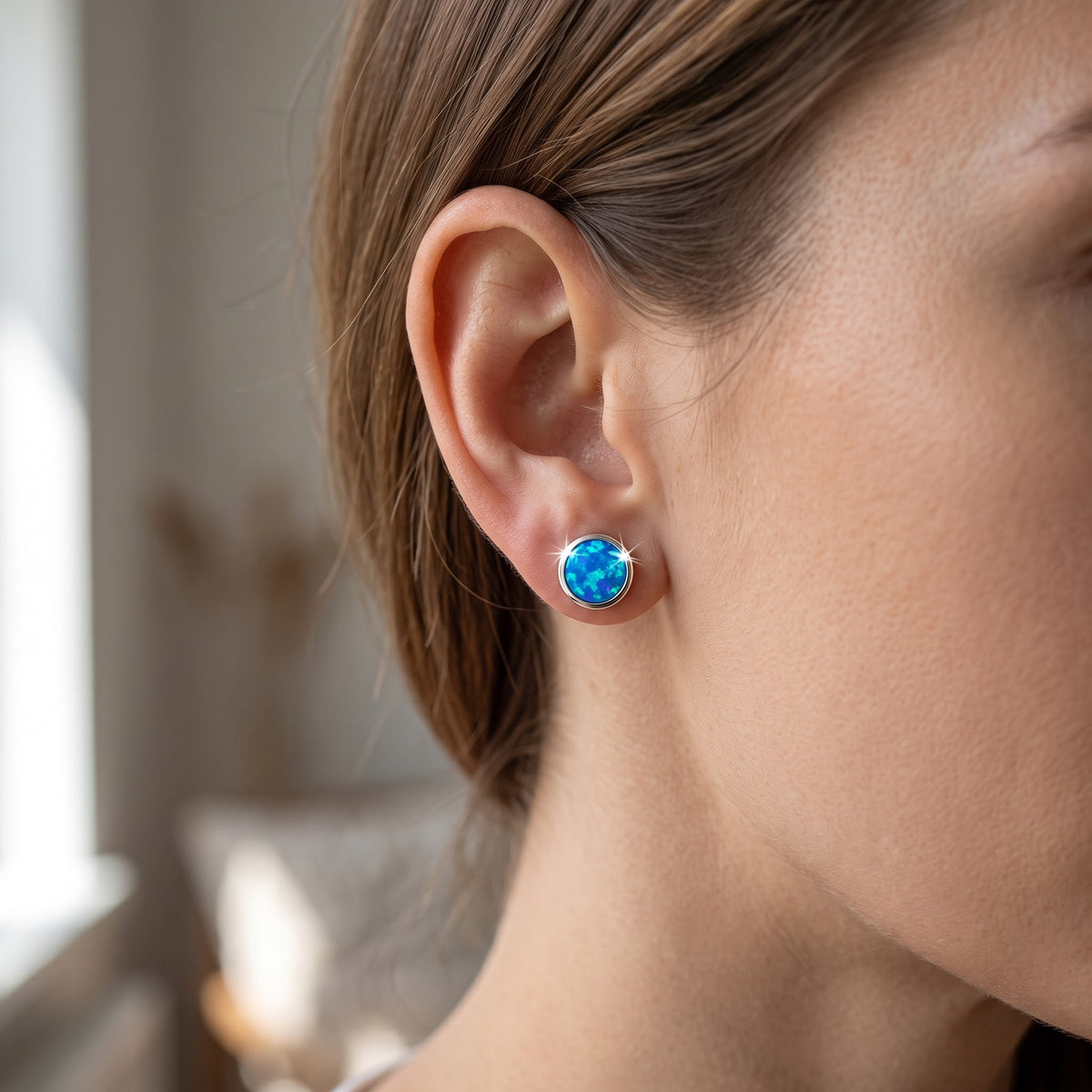 Sterling Silver Girls Round Created Blue Opal Stud Earrings, 7mm worn, lifestyle photo