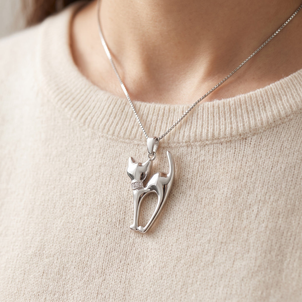 Sterling Silver Siamese Cat Necklace worn, lifestyle photo