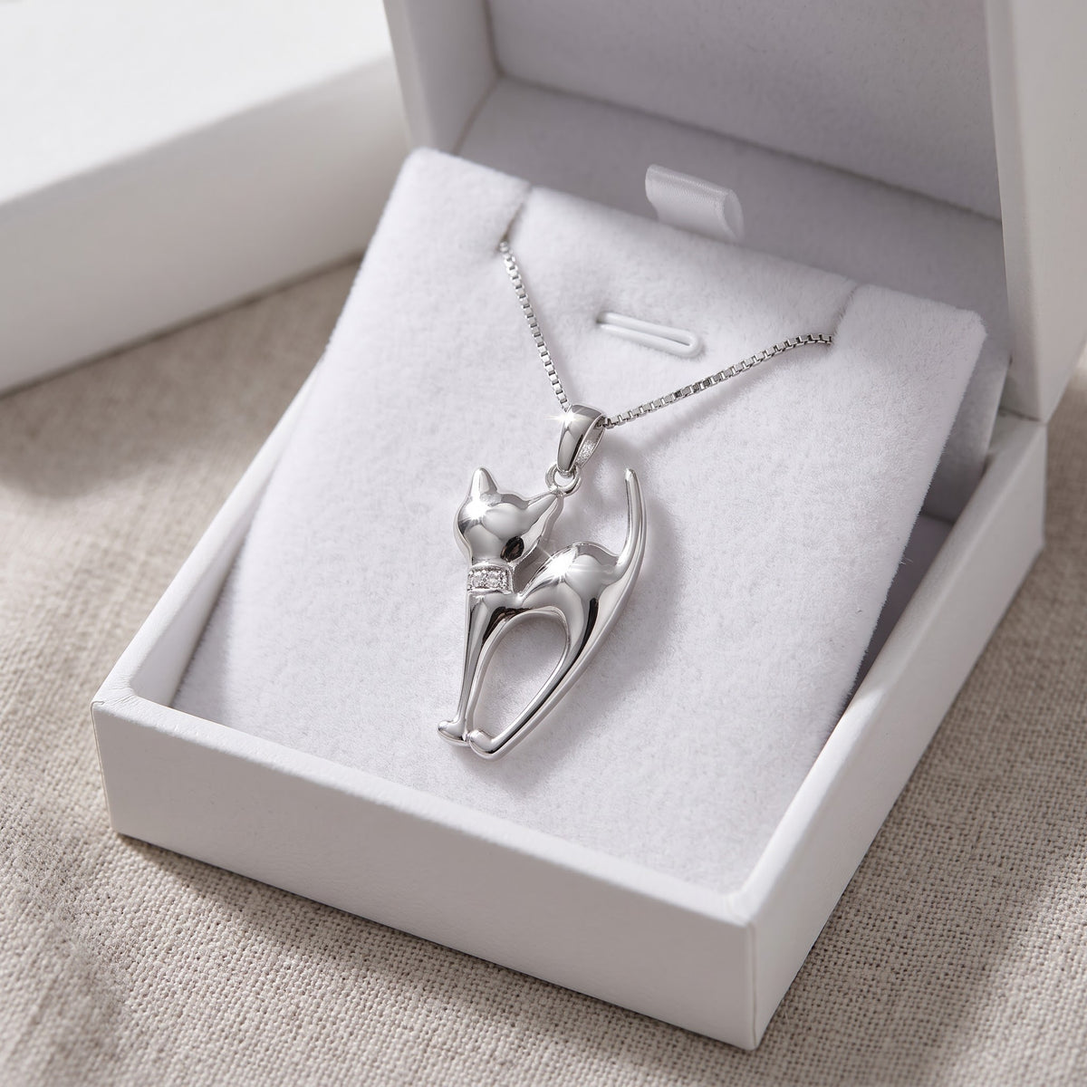Sterling Silver Siamese Cat Necklace in a white gift box, ready to give