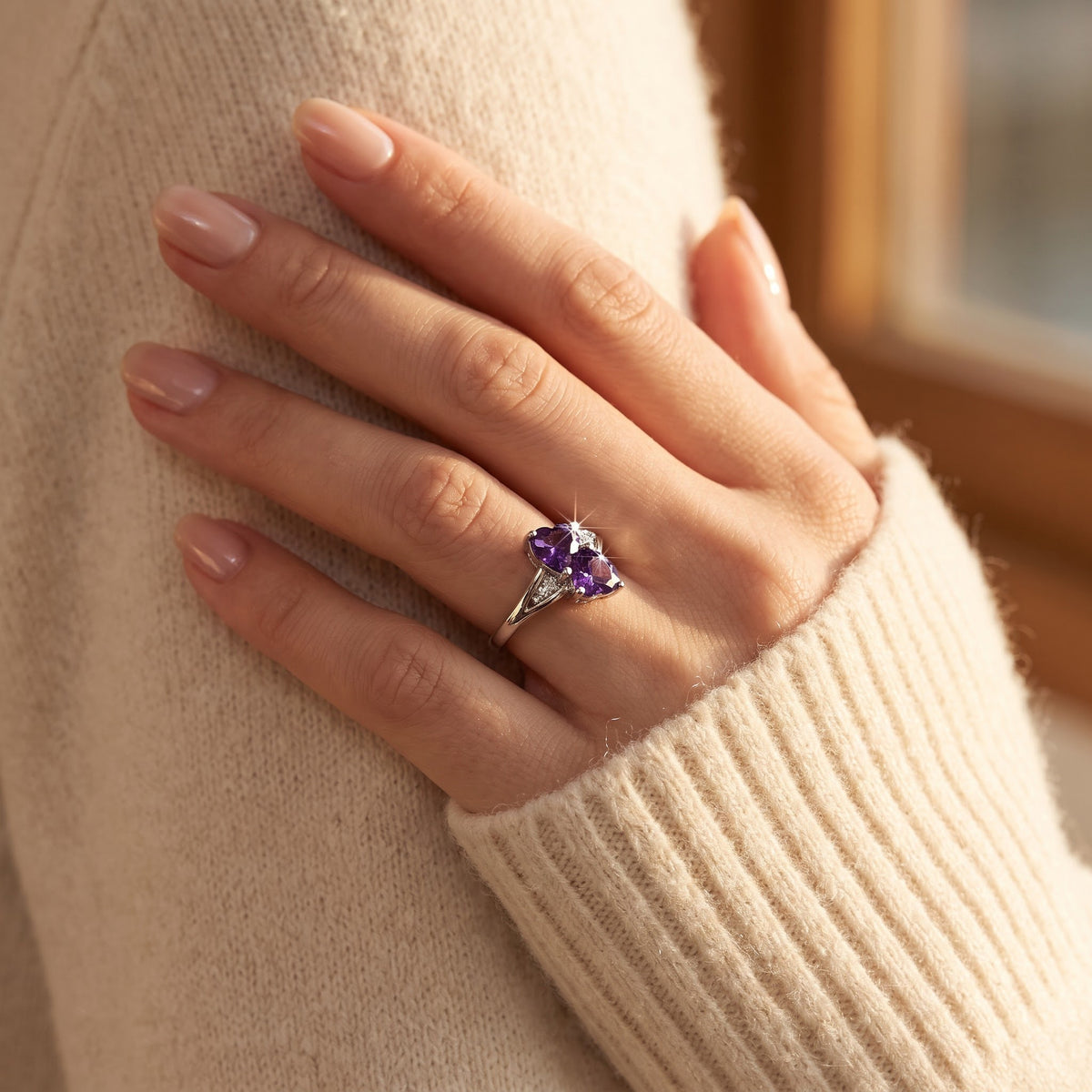 Sterling Silver Simulated Amethyst Double Heart Ring worn, lifestyle photo