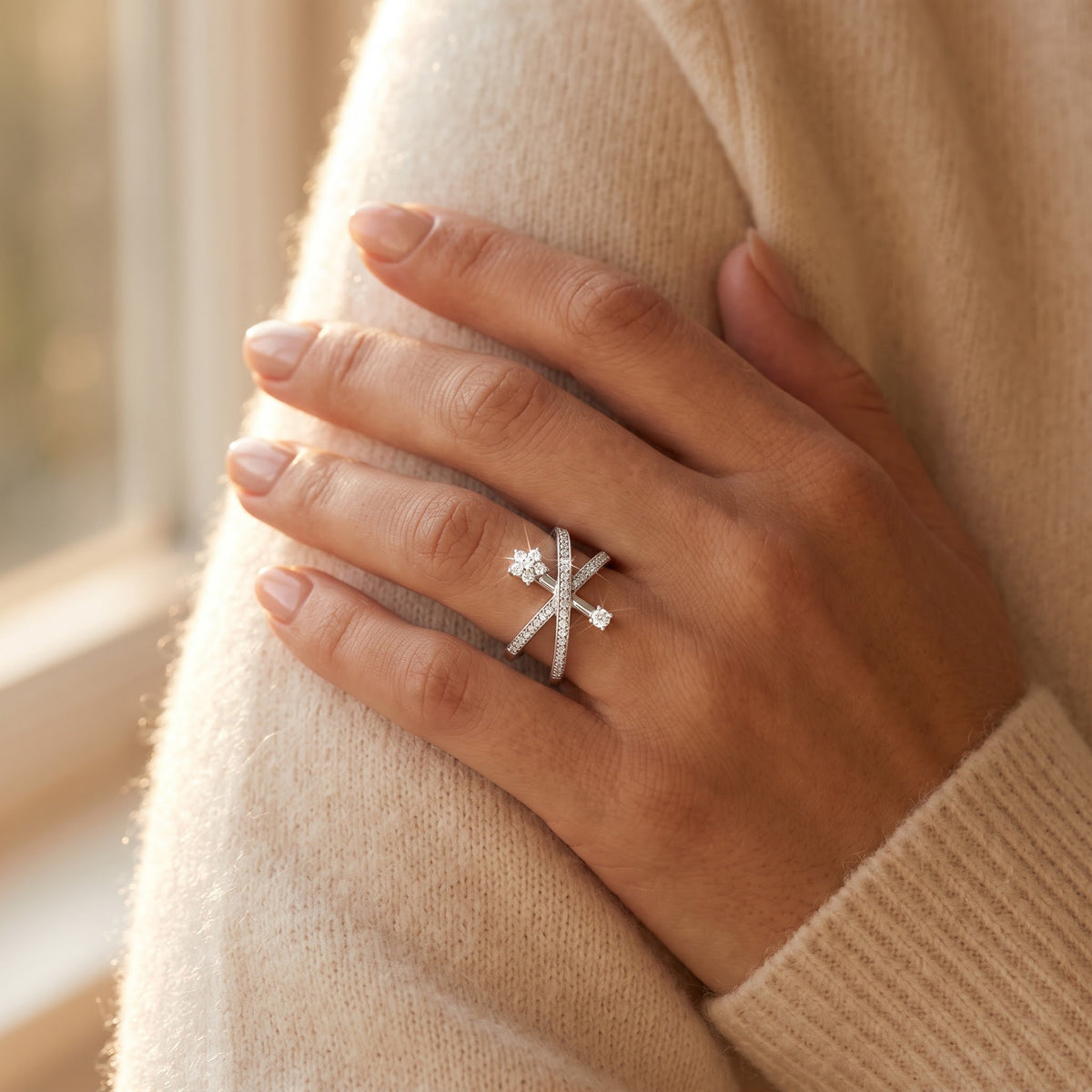 Sterling Silver Simulated Diamond Criss Cross X Flower Ring worn, lifestyle photo