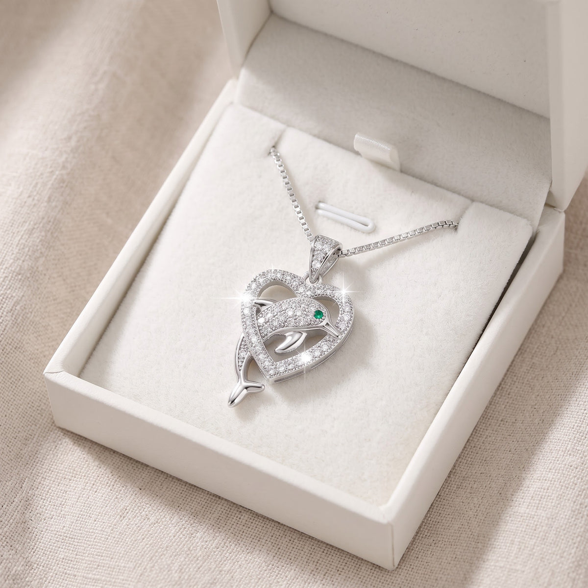 Sterling Silver Simulated Diamond Dolphin Heart Necklace, 18" in a white gift box, ready to give