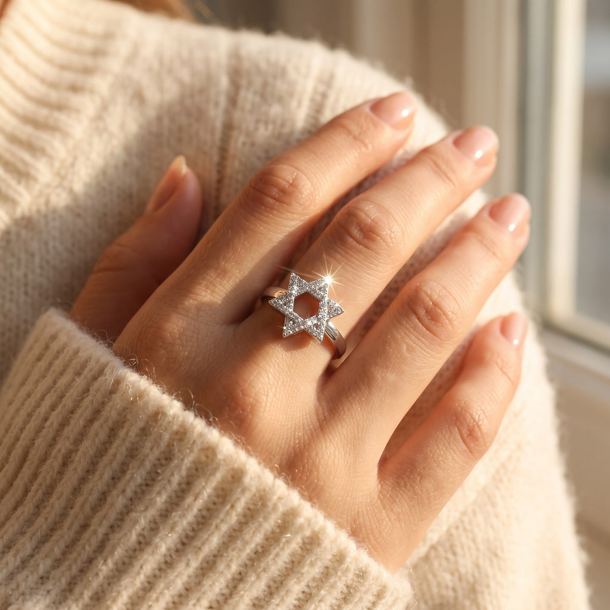 Sterling Silver Simulated Diamond Jewish Star Ring worn, lifestyle photo