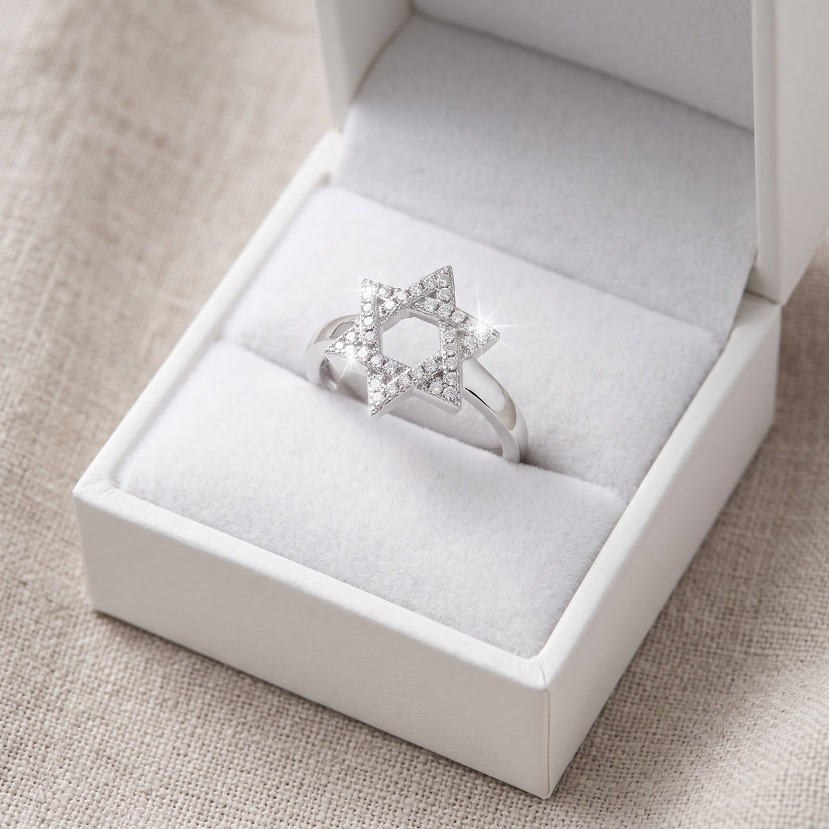 Sterling Silver Simulated Diamond Jewish Star Ring in a white gift box, ready to give