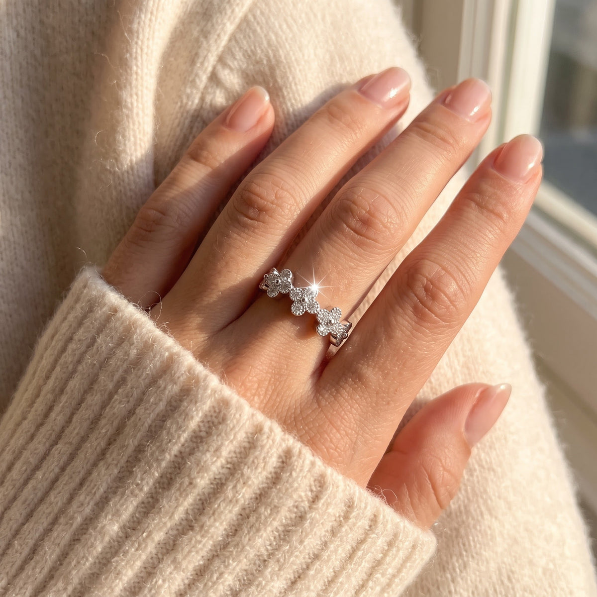 Sterling Silver Simulated Diamond Thin Cross Ring worn, lifestyle photo