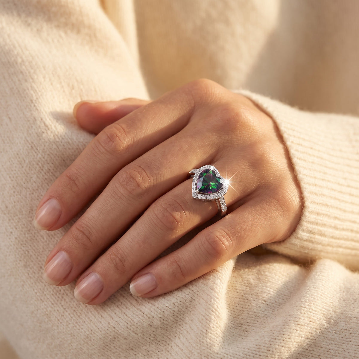 Sterling Silver Simulated Mystic Rainbow Topaz Heart Halo Ring worn, lifestyle photo