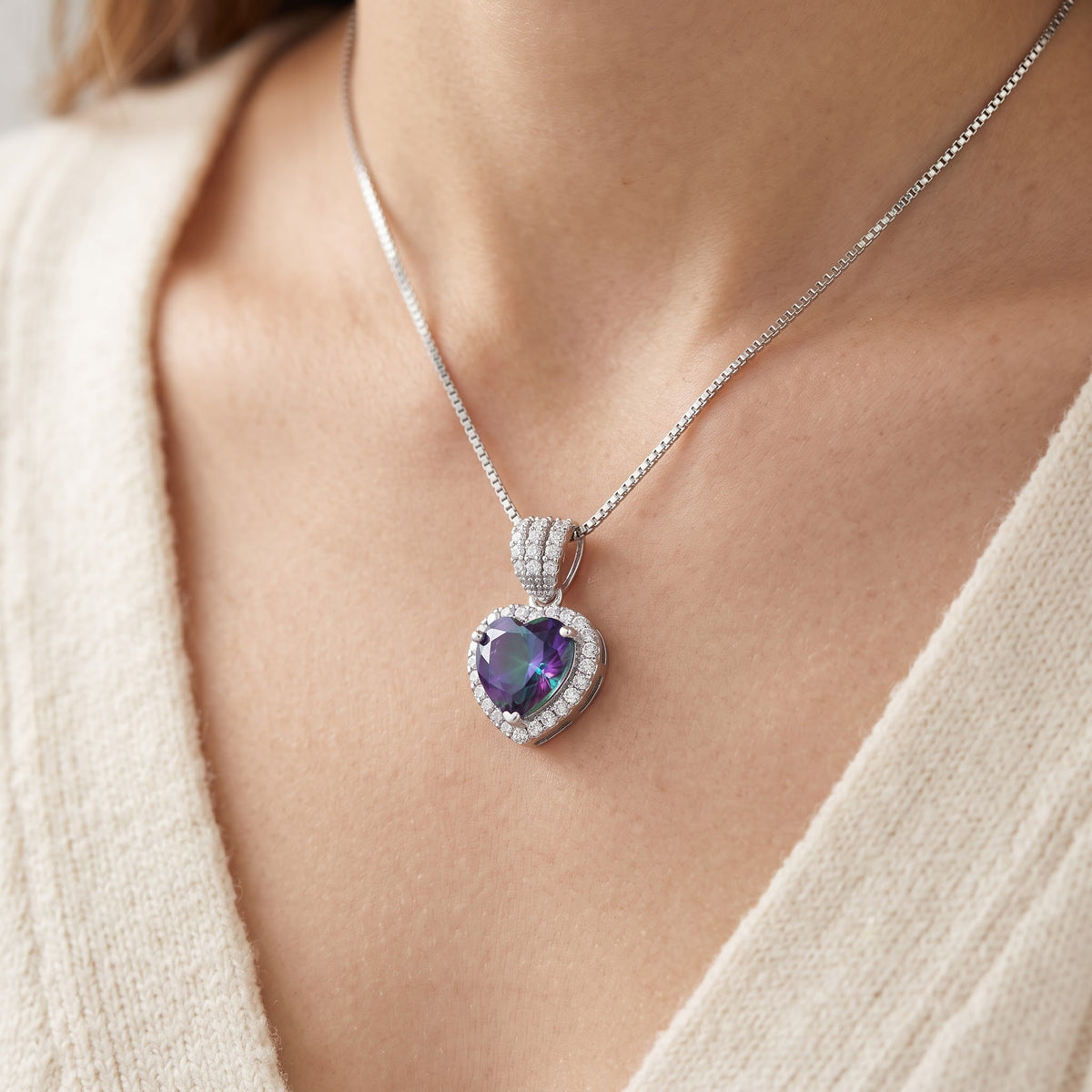 Sterling Silver Simulated Rainbow Topaz Halo Heart Necklace worn, lifestyle photo
