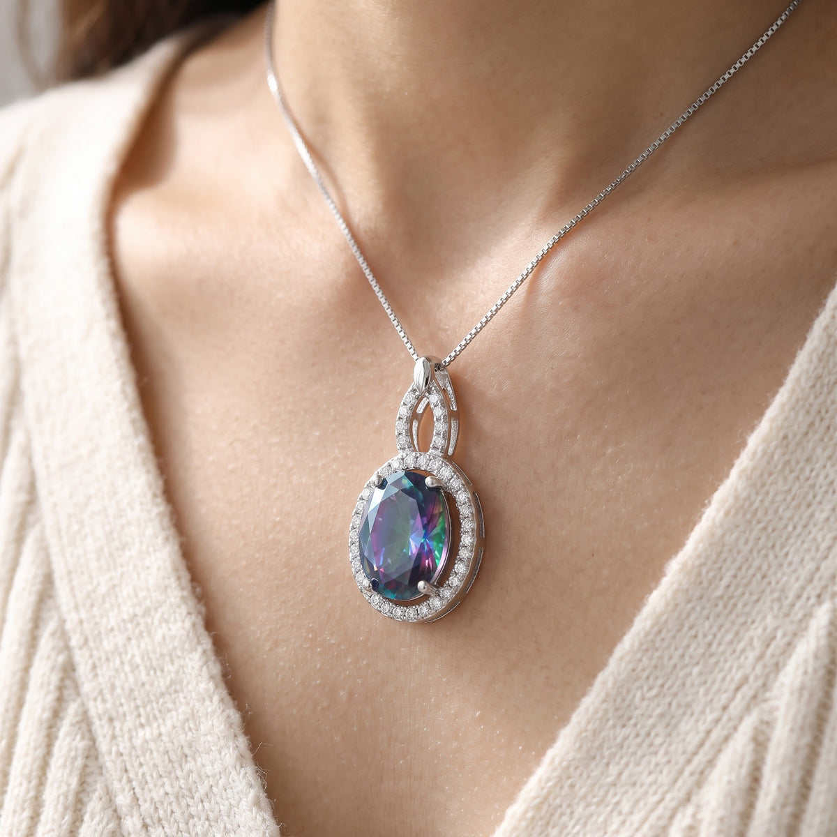 Sterling Silver Simulated Rainbow Topaz Oval Drop Necklace worn, lifestyle photo