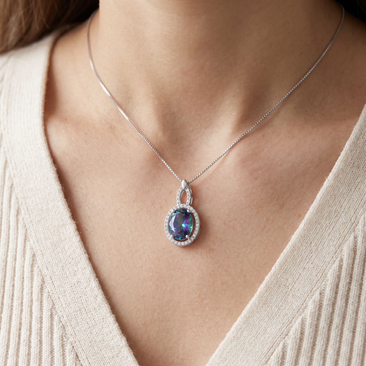 Sterling Silver Simulated Rainbow Topaz Oval Drop Necklace worn, lifestyle photo