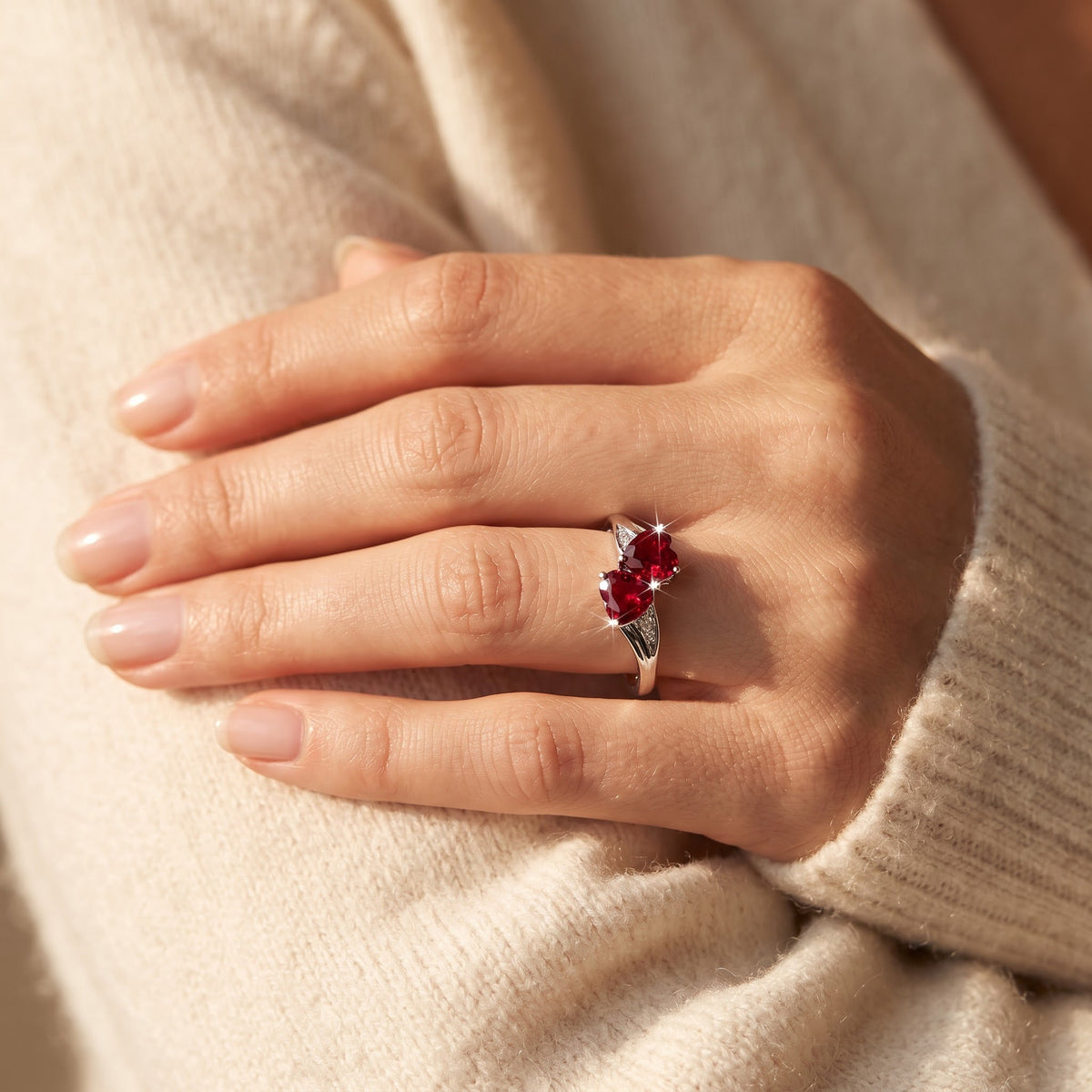 Sterling Silver Simulated Ruby Double Heart Ring worn, lifestyle photo