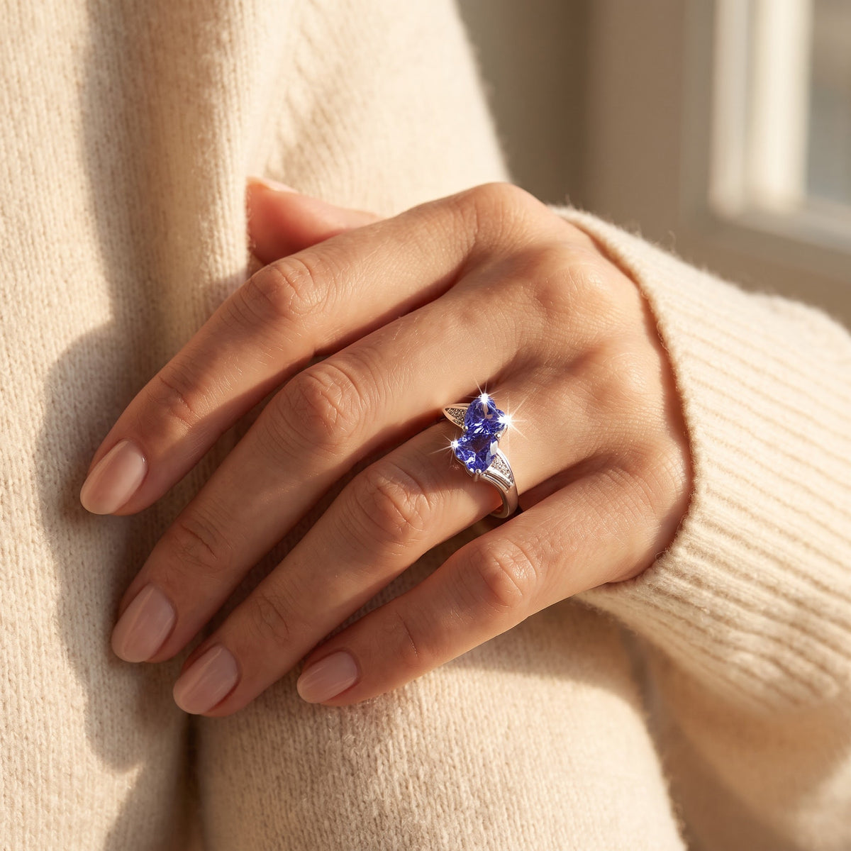 Sterling Silver Simulated Tanzanite Double Heart Ring worn, lifestyle photo