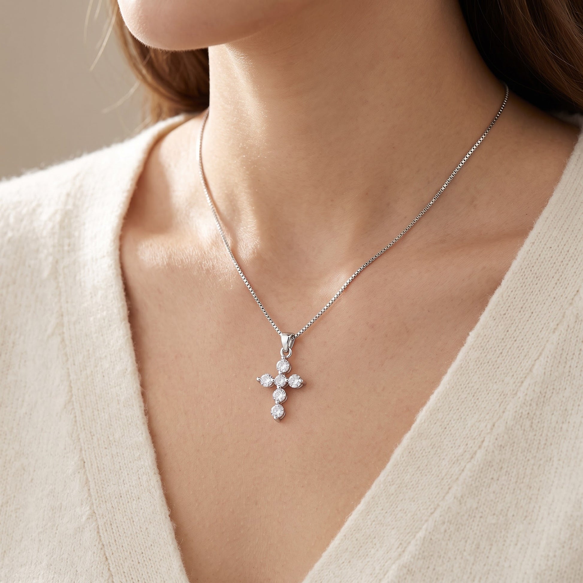 Sterling Silver Small CZ Cross Necklace worn, lifestyle photo