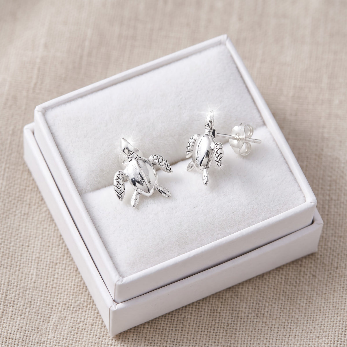 Sterling Silver Small Kemps Sea Turtle Stud Earrings, 11mm in a white gift box, ready to give