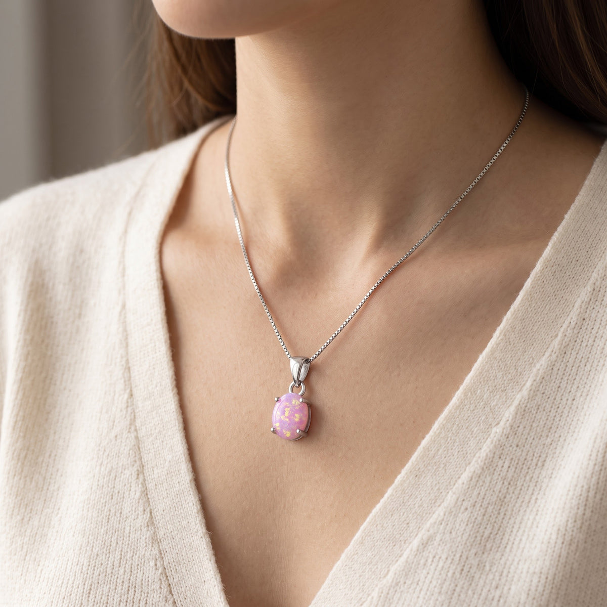 Sterling Silver Small Oval Created Pink Opal Necklace 18" worn, lifestyle photo