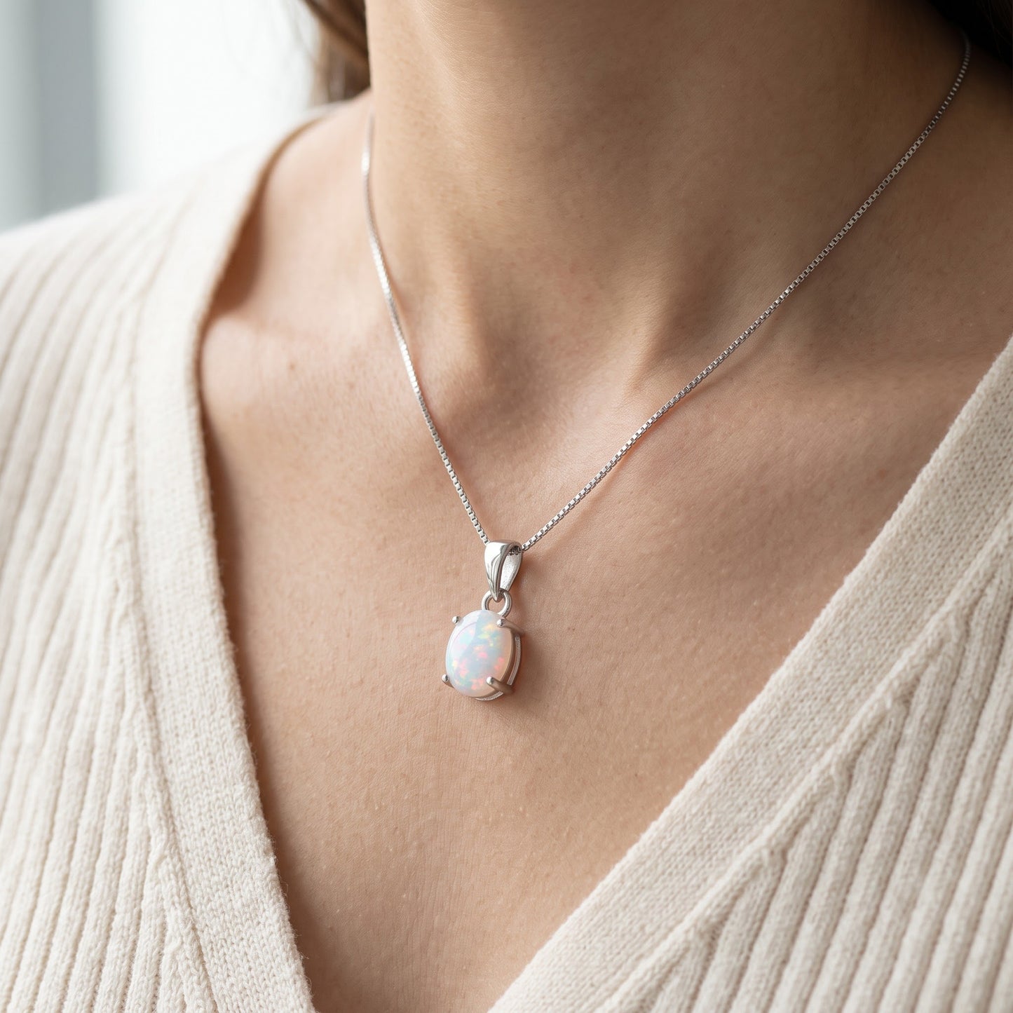 Sterling Silver Small Oval Created White Opal Necklace 18" worn, lifestyle photo