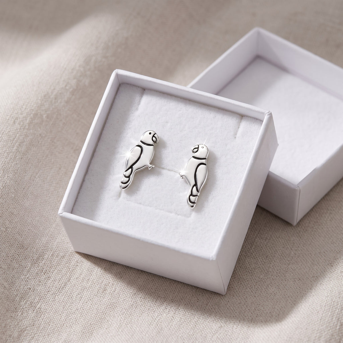 Sterling Silver Girls Dainty Bird Parrot Stud Earrings, 8mm in a white gift box, ready to give