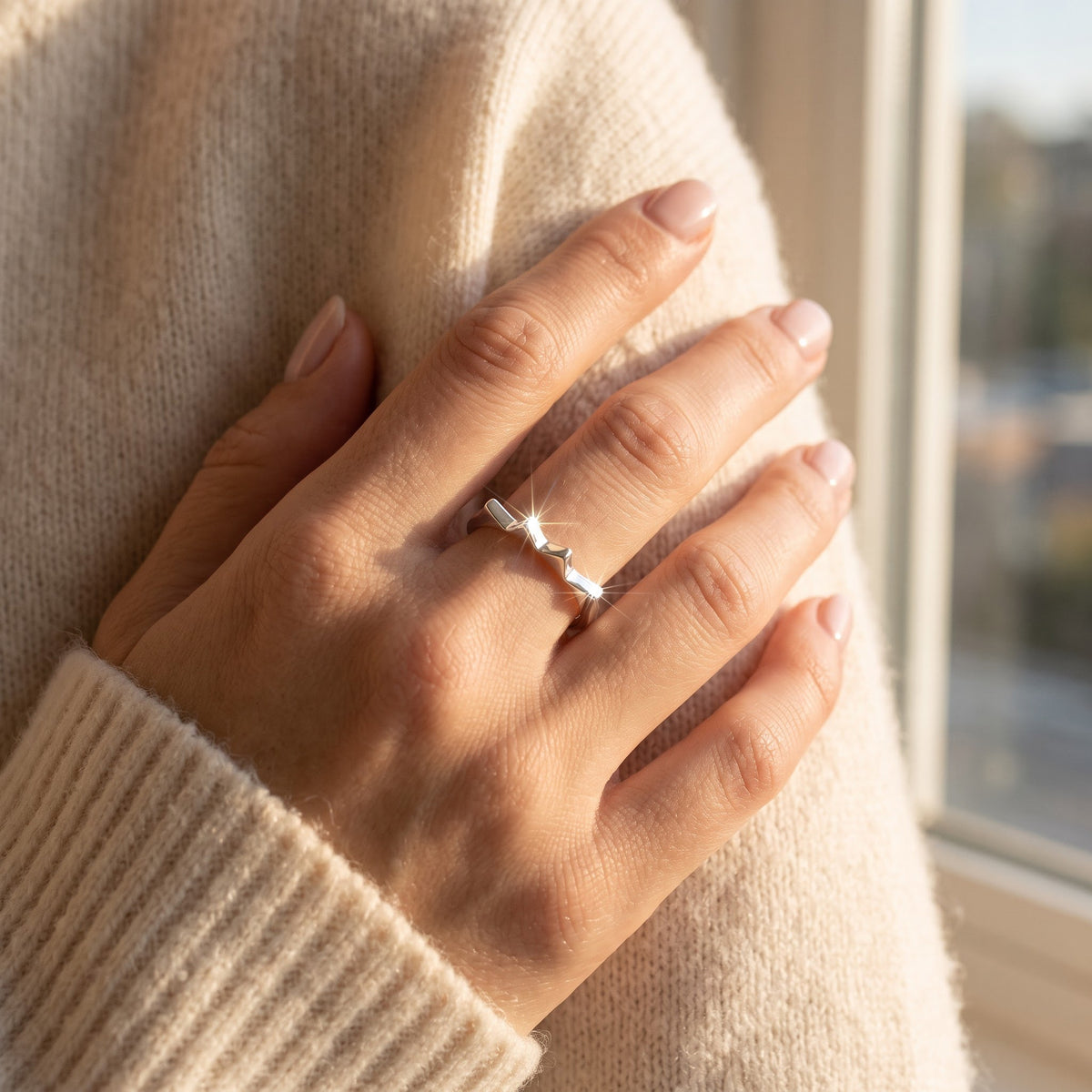 Sterling Silver Stackable Spike Ring 2mm worn, lifestyle photo