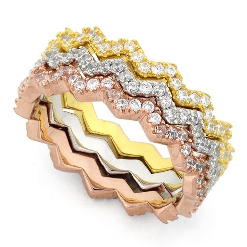 3-Piece Tri-Color Sterling Silver Zig Zag Eternity Ring Set for Women – Rose, Yellow & White Gold Plated