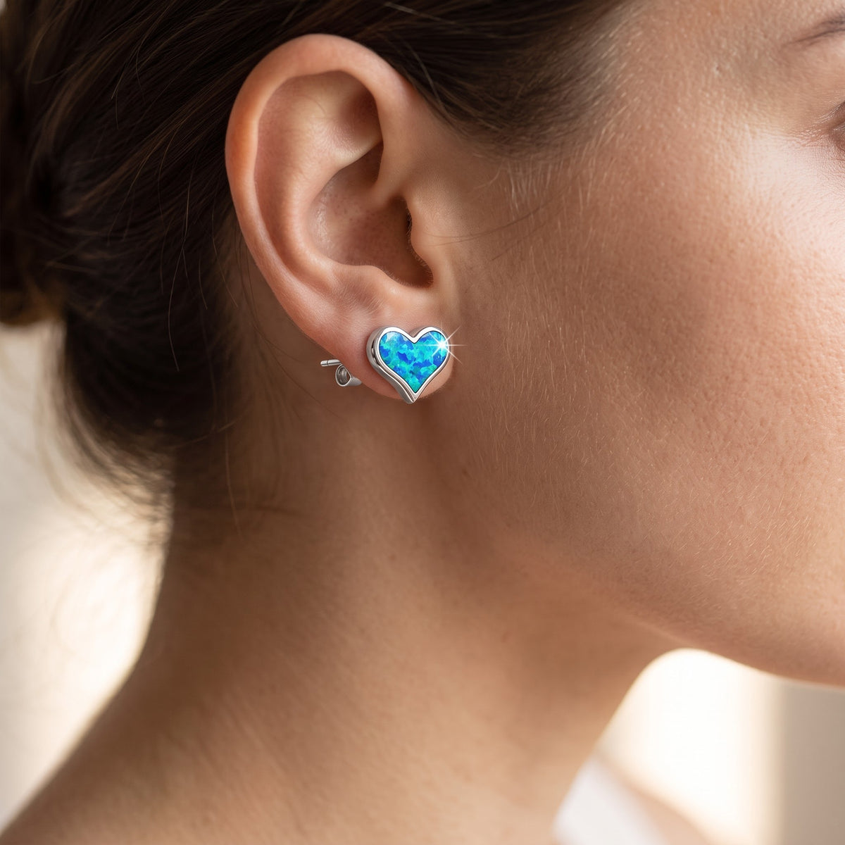 Sterling Silver Girls Created Blue Opal Heart Stud Earrings, 10mm worn, lifestyle photo