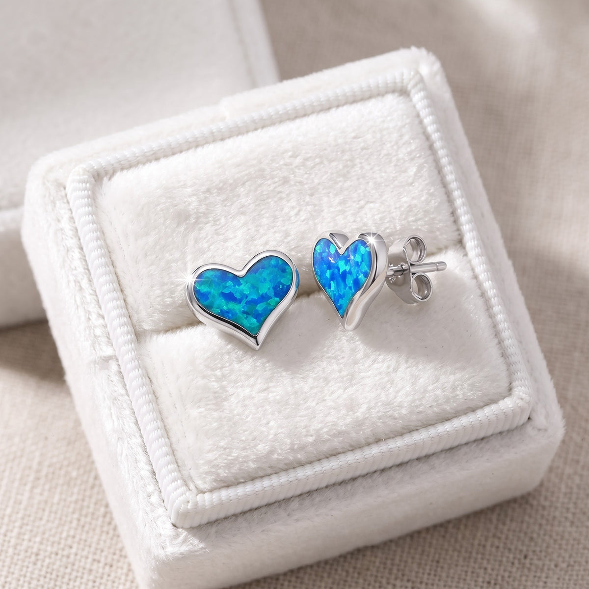 Sterling Silver Girls Created Blue Opal Heart Stud Earrings, 10mm in a white gift box, ready to give