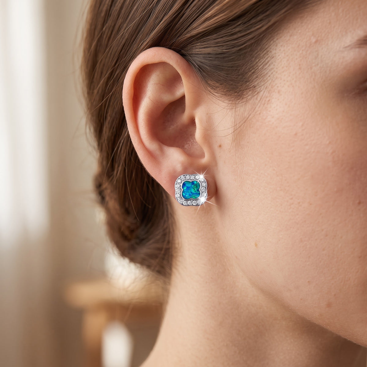 Sterling Silver Girls Created Blue Opal Stud Earrings, 8mm worn, lifestyle photo