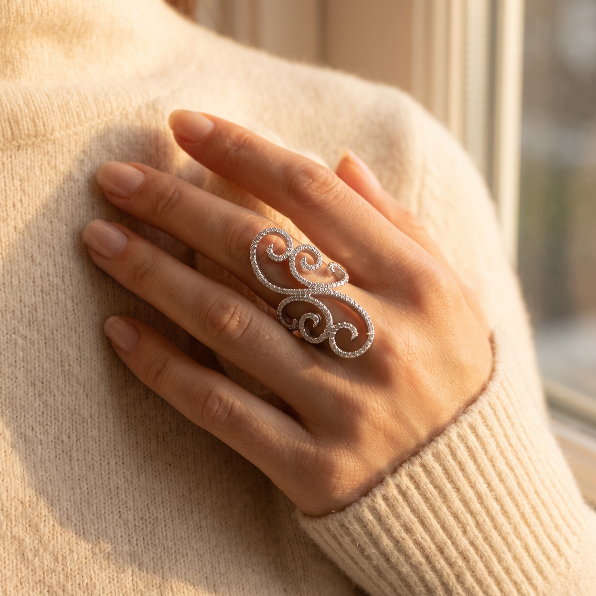 Sterling Silver CZ Open Swirl Filigree Statement Ring worn on a woman's hand in warm window light