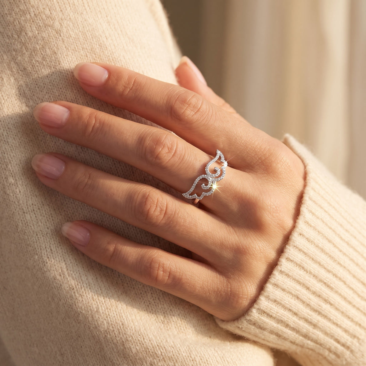 White Gold over Sterling Silver Ladies Retro CZ Moustache Ring worn, lifestyle photo