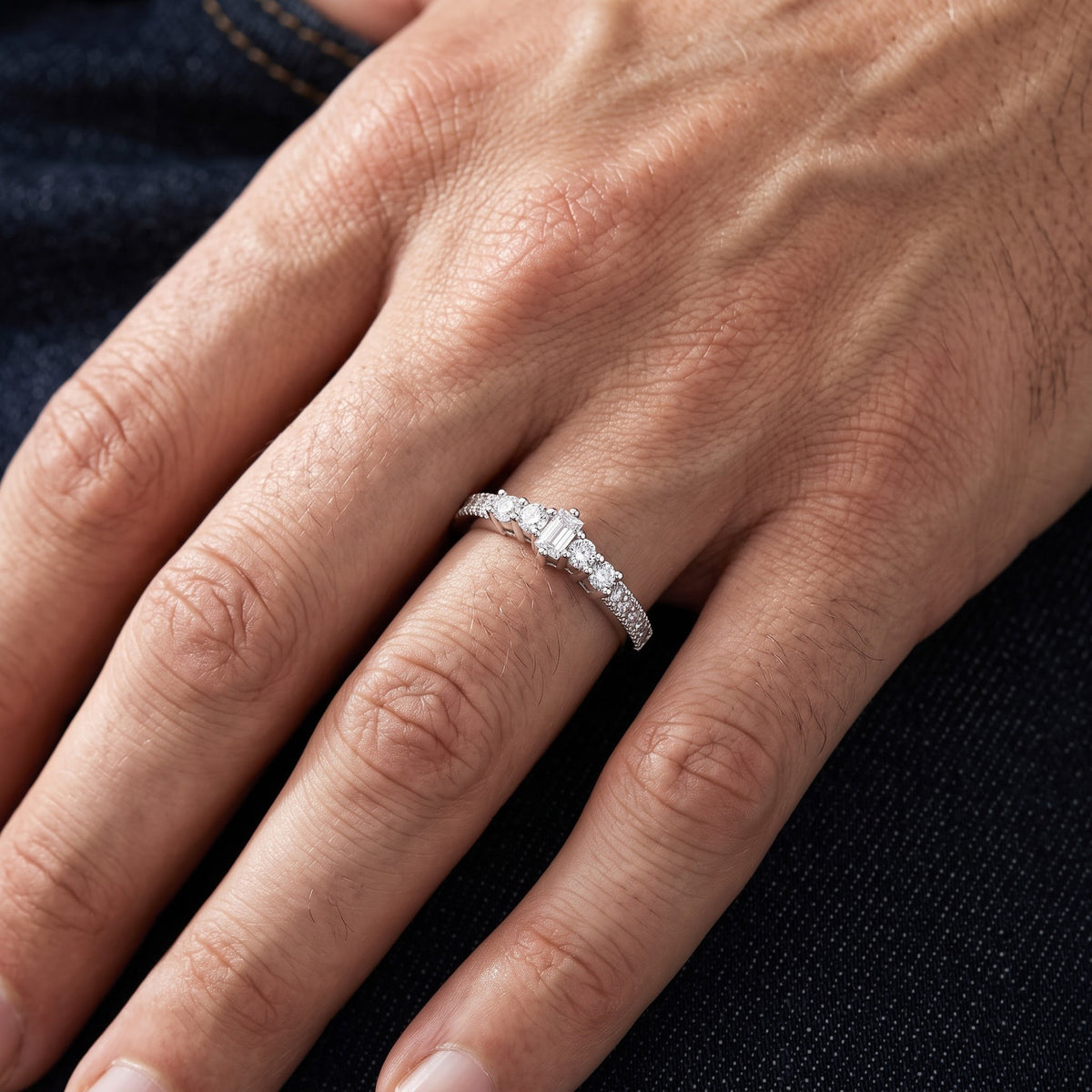 White Gold over Sterling Silver Women's CZ Stackable Victorian Ring worn, lifestyle photo