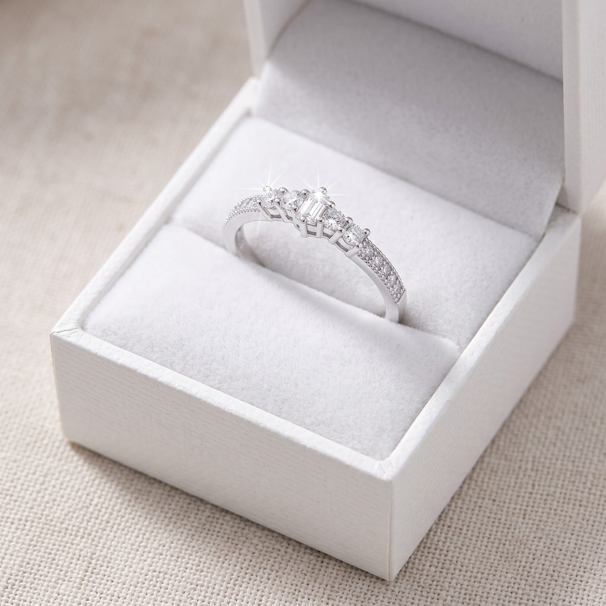 White Gold over Sterling Silver Women's CZ Stackable Victorian Ring in a white gift box, ready to give