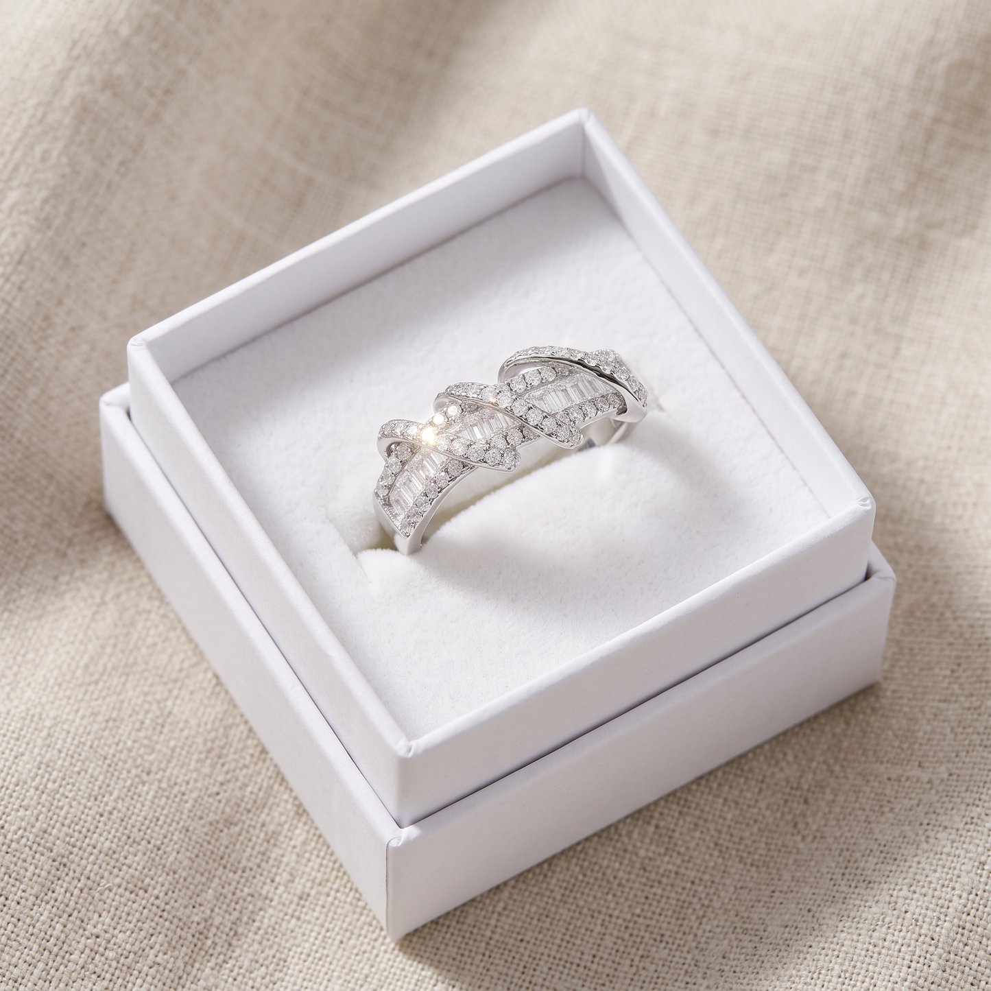 Sterling Silver CZ Wrap Around Statement Ring for Women in a white gift box, ready to give