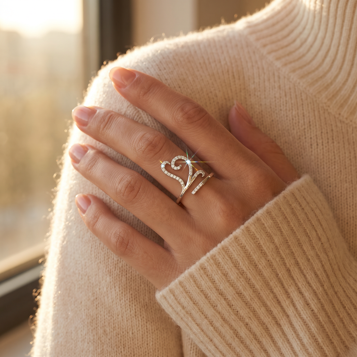 Sterling Silver Wrap Around Open Heart Statement Ring worn on a woman's hand in warm window light