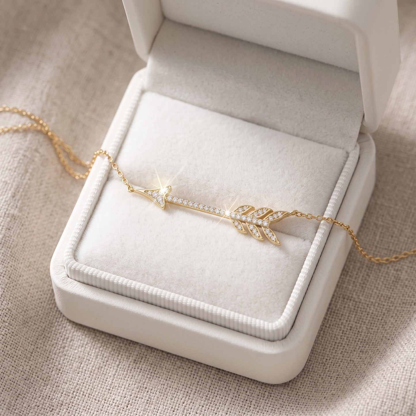 Yellow Gold Tone Sterling Silver CZ Sideways Arrow Necklace, 18" in a white gift box, ready to give