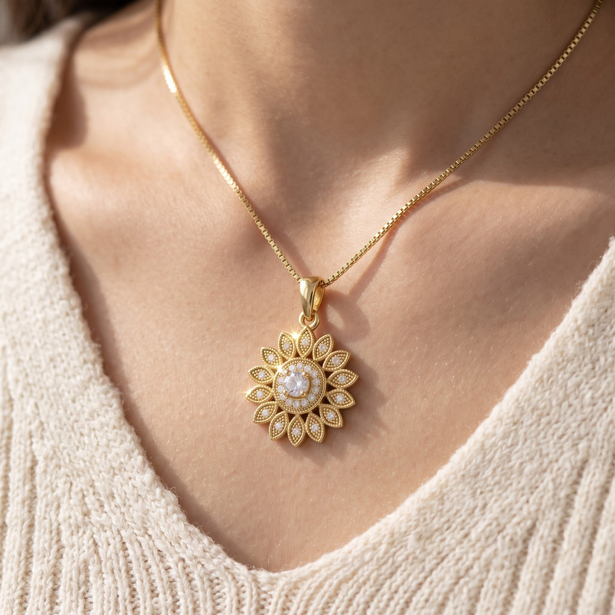 Yellow Gold Tone Sterling Silver CZ Sunflower Charm Necklace 18" worn, lifestyle photo
