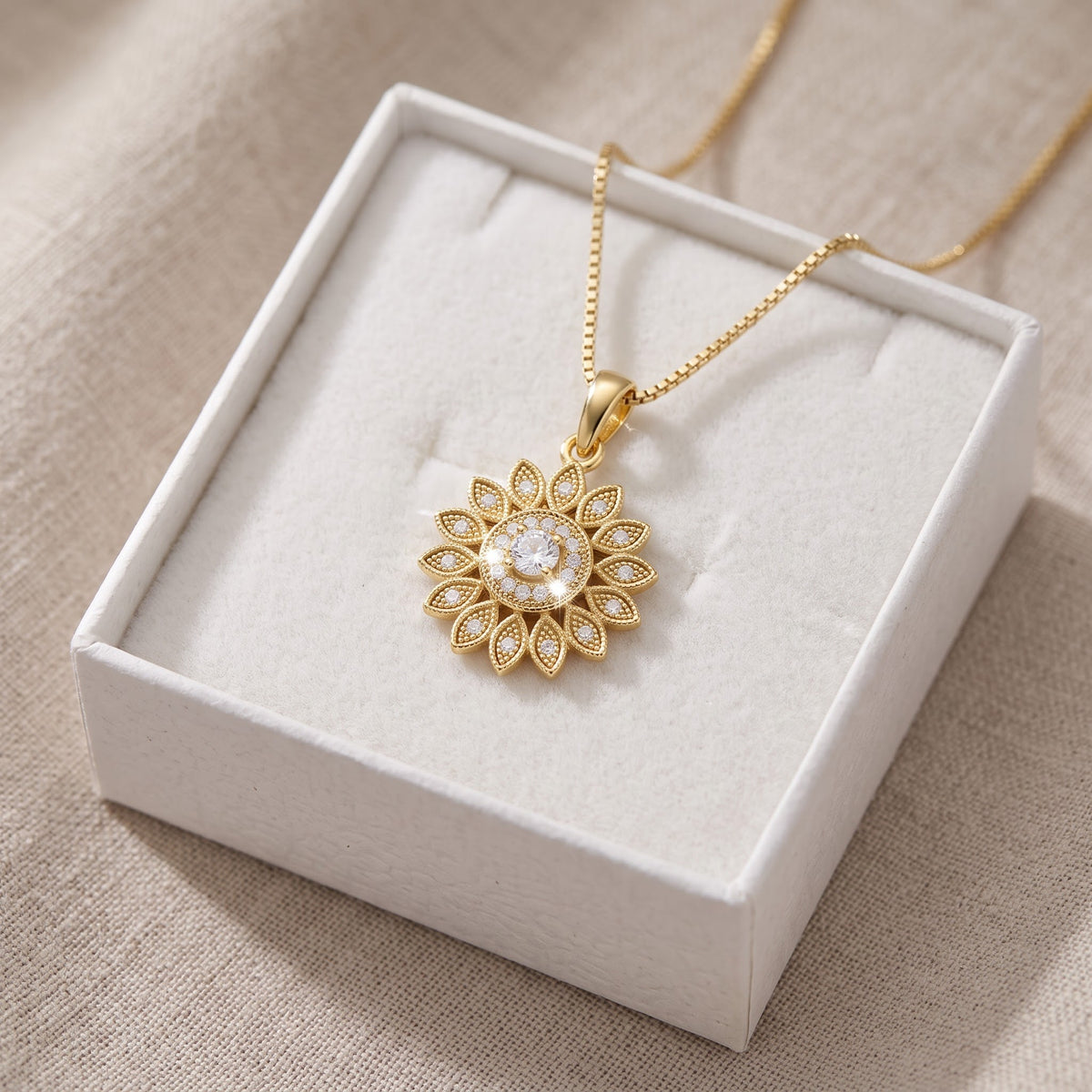 Yellow Gold Tone Sterling Silver CZ Sunflower Charm Necklace 18" in a white gift box, ready to give