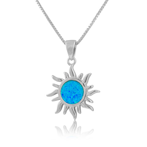 Sterling Silver Created Blue Opal Sunshine Necklace 18"