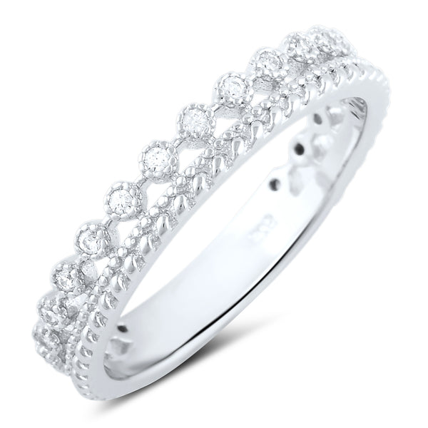 White Gold Over Sterling Silver Women's Thin Double Row Cz Eternity Band