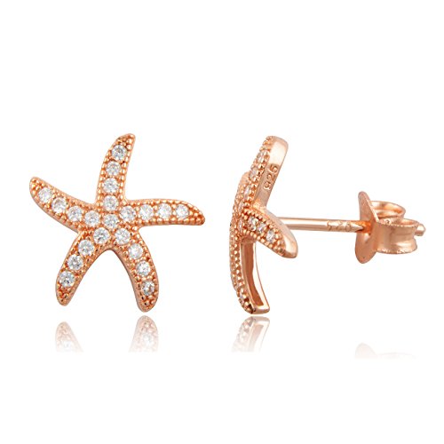 Rose Gold Tone Silver Cz Starfish Stud Earrings - 11mm