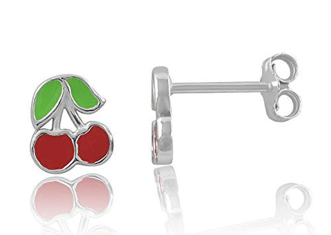 Sterling Silver Womens Dainty Lucky Cherry Stud Earrings - 8mm