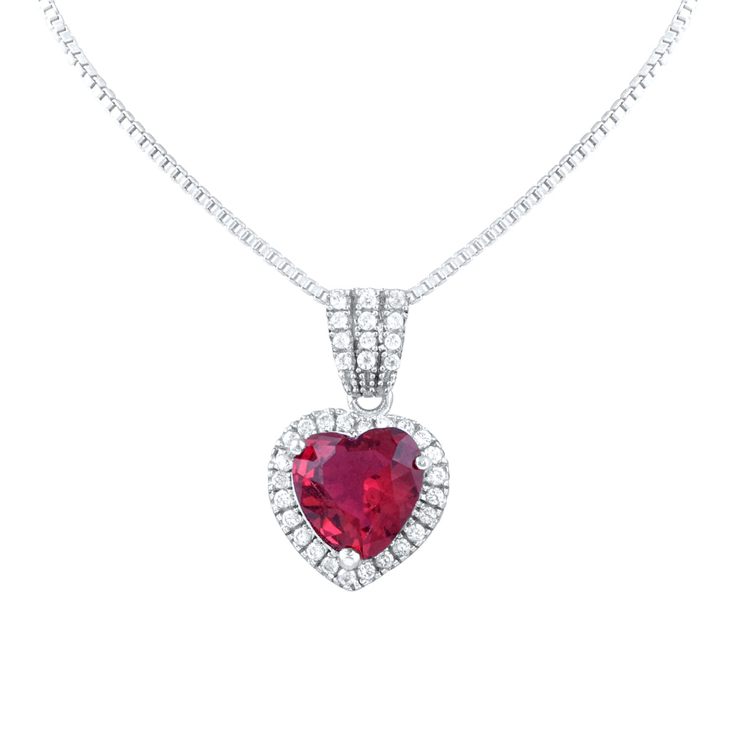 Sterling Silver Red CZ Halo Heart Necklace