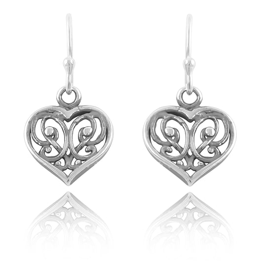 Sterling Silver Boho filigree Heart Dangle Earrings