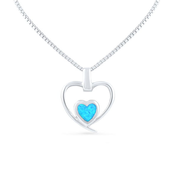 Sterling Silver Created Blue Opal Double Heart Necklace (18" Chain Included)