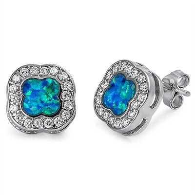 Sterling Silver Created Blue Opal Stud Earrings - 8mm
