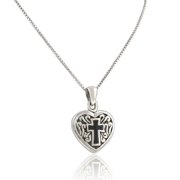 Sterling Silver Black Enamel Celtic Cross Heart Necklace