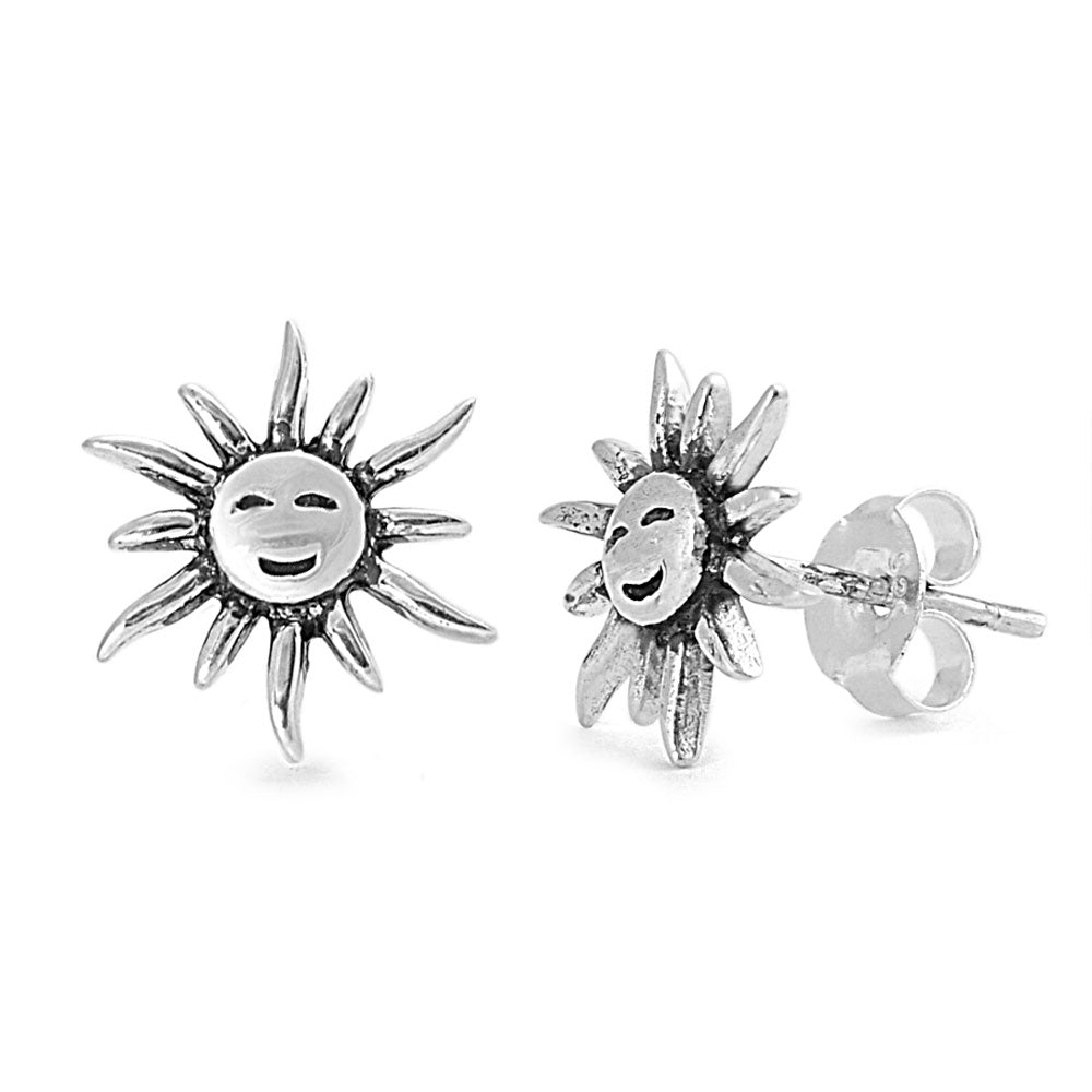 Smiling Sun Stud Earrings Sterling Silver - 11mm