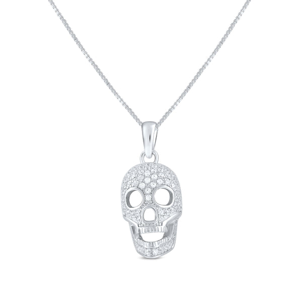 Sterling Silver Cz  Skull Charm Necklace 18"