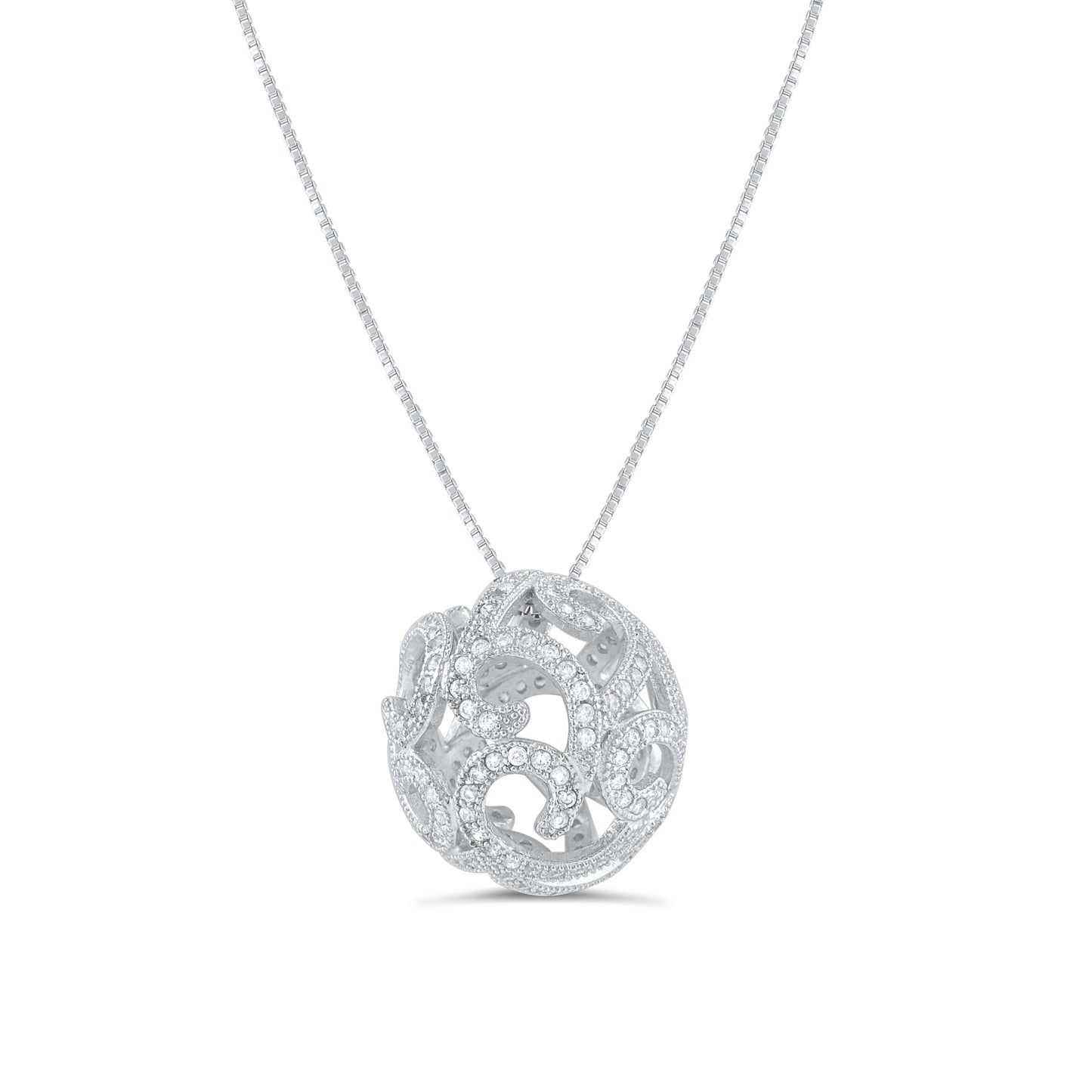 Sterling Silver Cz Filigree Ball Necklace 18"
