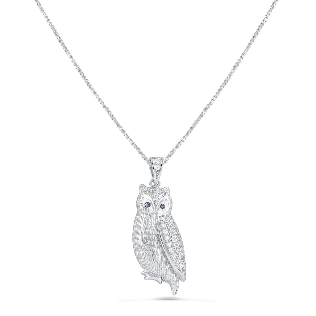Sterling Silver Cz Owl Charm Necklace 18"