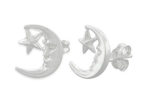 Sterling Silver Moon & Star Stud Earrings - 13mm